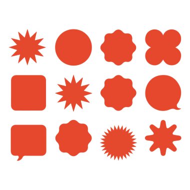 Beyaz arkaplanda izole edilmiş yıldızlar, daireler, kareler ve konuşma baloncukları içeren turuncu geometrik şekiller koleksiyonu