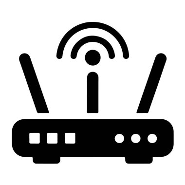 Ağ bağlantısını ve beyaz arkaplanda izole edilmiş kablosuz iletişimi temsil eden bir siyah ve beyaz yönlendirici simgesi
