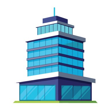 Mavi cam cepheli ve beyaz aksanlı modern ofis binası, beyaz arka planda izole edilmiş.