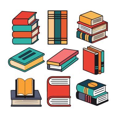 Renkli kitapların koleksiyonu çeşitli yollarla dizilmiş, beyaz arka planda izole edilmiş