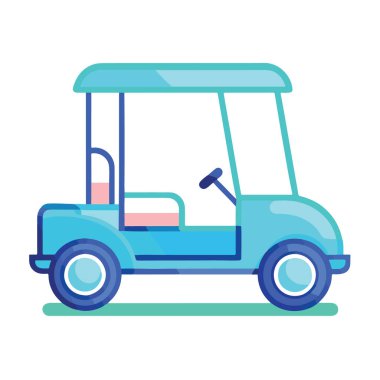 Beyaz arka planda izole edilmiş mavi bir golf arabasının basit, düz bir çizimi.