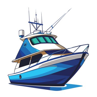 Beyaz arka planda izole edilmiş antenleri ve oltaları olan mavi ve beyaz bir balıkçı teknesi.
