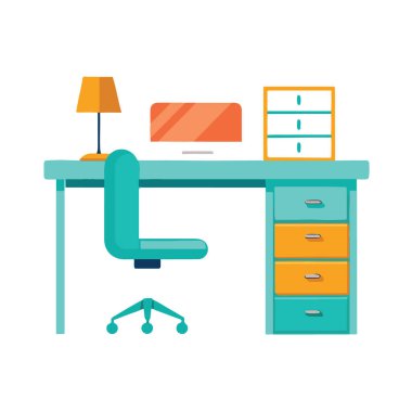 Bilgisayar, sandalye, lamba ve çekmeceleri olan modern ofis masası, beyaz arka planda izole edilmiş.