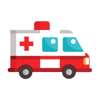 Kırmızı haç sembollü çizgi film ambulans aracı, beyaz arka planda izole edilmiş.