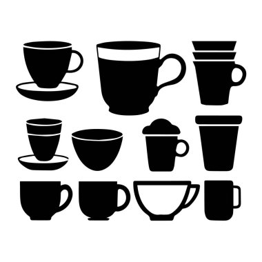 Beyaz arka planda izole edilmiş siyah kahve fincanları ve kupalar koleksiyonu