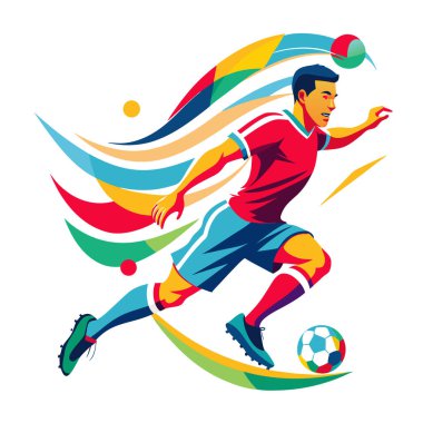 Hareket halindeki bir futbolcunun dinamik çizimi, topu renkli soyut şekillerle sürmek, beyaz arka planda izole edilmiş hareket ve enerjiyi sembolize eder.