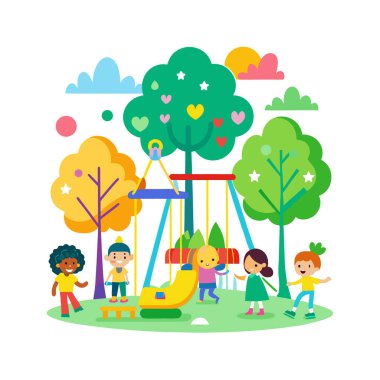 Güneşli bir günde, salıncaklarda ve slaytlarda oynayan bir grup mutlu çocuk, beyaz arka planda izole edilmiş.