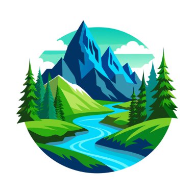 Yeşil bir vadi ve çam ağaçlarının arasından akan dolambaçlı bir nehirle görkemli bir dağ sırasının stilize edilmiş çizimi doğal bir güzellik ve macera hissi uyandırıyor.