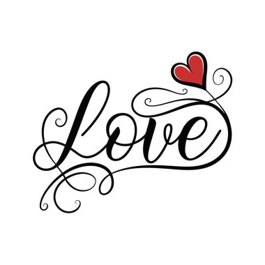 Beyaz arka planda izole edilmiş kırmızı bir kalp sembolü olan zarif bir siyah hat yazısı.