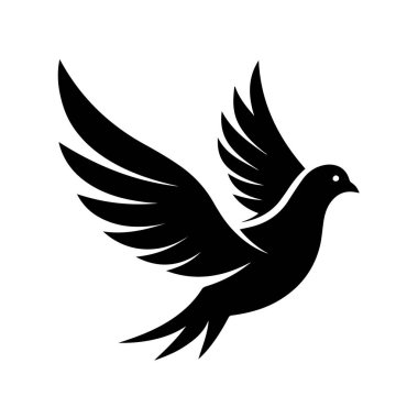 Uçan bir güvercinin zarif siyah silueti, kanatları geniş, beyaz arka planda izole, barışı ve özgürlüğü simgeliyor.