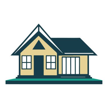 Üçgen çatılı rahat bir ev ve beyaz arka planda izole edilmiş küçük bir bahçe.