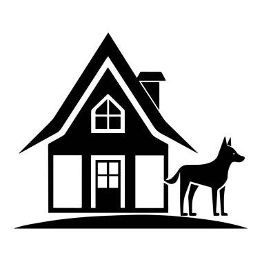 Beyaz arka planda izole edilmiş, yanında köpek olan bir evin silueti.