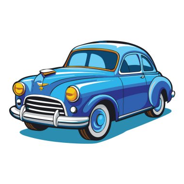 Beyaz arka planda sarı farları olan klasik mavi bir araba tasviri