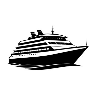 Beyaz arka planda izole edilmiş lüks bir seyahatin sembolü olan açık denizde yelken açan parlak siyah beyaz bir yolcu gemisi.