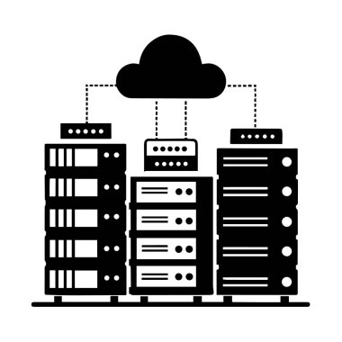 Veri merkezi simgesi beyaz arkaplan sunucu çiftliğinde izole edilmiş ve bulut hesaplama altyapı ağı ve veritabanı yönetimi