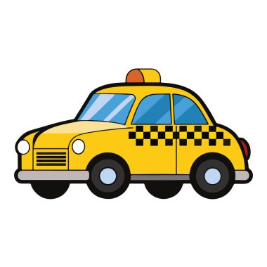 Çizgi film sarı taksi siyah beyaz kareli çizgili beyaz arka plan çizimi