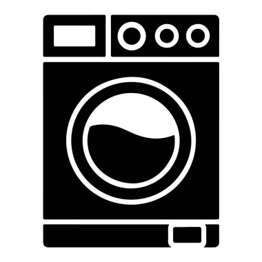 Beyaz arka plan çamaşır makinesi simgesine izole edilmiş yuvarlak kapılı siyah bir çamaşır makinesinin ön görüntüsü