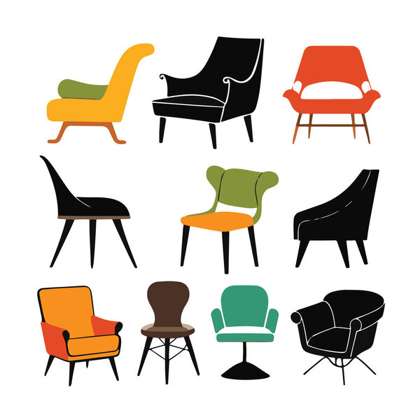 Collection of nine midcentury modern armchairs and chairs in various colors isolated on white background
