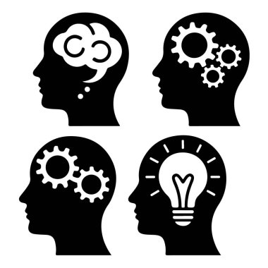 Beyaz arka planda izole edilmiş, fikirleri ve düşünme sürecini temsil eden, dişli ve ampullü kafaların tasviri