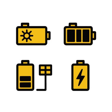 Enerji ve güç kavramları için beyaz zemin üzerinde izole edilmiş dört farklı sarı ve siyah pil simgesi