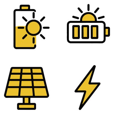 Sürdürülebilir güç kavramları için beyaz zemin üzerinde izole edilmiş dört sarı ve siyah alternatif enerji ikonu koleksiyonu