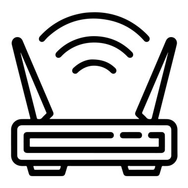 Beyaz arkaplanda izole edilmiş kablosuz ağ sinyali yayan antenli bir yönlendirici çizimi