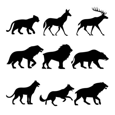Beyaz arka planda, aslan, geyik, kurt, ayı ve diğer hayvanlardan oluşan vahşi hayvan silueti izole edilmiş.
