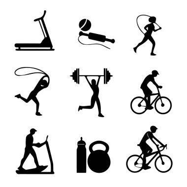 Koşu bandı, ip atlama, bisiklet ve beyaz arka planda izole edilmiş diğer fitness ekipmanları ile egzersiz yapan kişi silueti