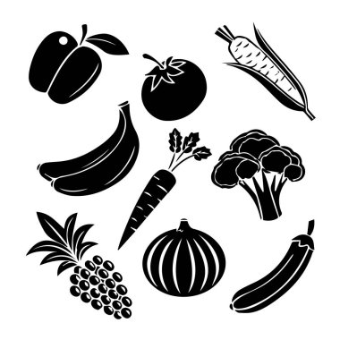 Sağlıklı beslenme kavramı için beyaz arka planda izole edilmiş siyah siluet içinde taze sebze ve meyve koleksiyonu