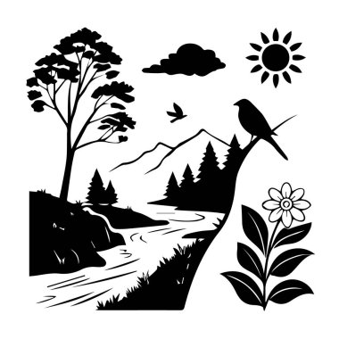 Beyaz zemin üzerinde ağaç, nehir, dağ, çiçek, kuş ve güneş bulunan manzara manzarası