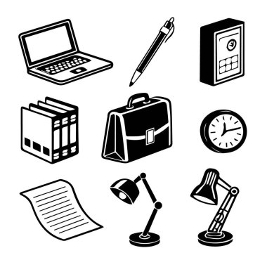 Ofis malzemeleri vektör illüstrasyonu beyaz arka planda izole, iş ve işle ilgili tasarımlar için mükemmel