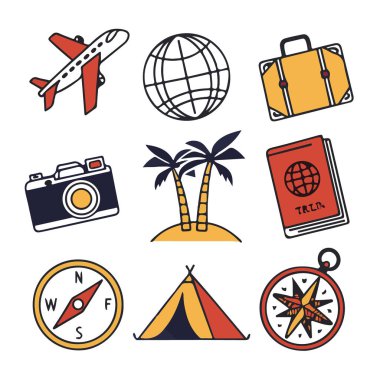 Beyaz arka planda izole edilmiş seyahat ve turizm simgeleri, macera, keşif ve tatilleri temsil etmektedir