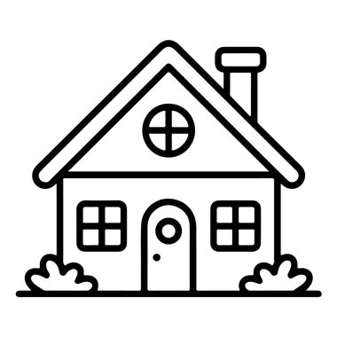 Üçgen çatılı ve beyaz arka planda izole edilmiş yuvarlak pencereli basit bir evin tek renkli çizimi