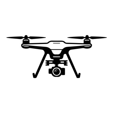 İnsansız hava aracı silueti beyaz arka planda izole edilmiş, basit bir tasarımla hava fotoğrafçılığını ve modern teknolojiyi temsil ediyor.