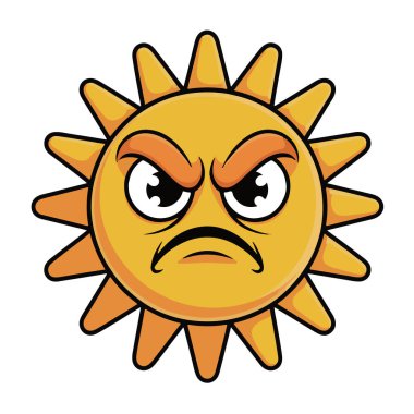 Kızgın bir güneşin, çatık kaşlarıyla hava tahmini tasarımı için beyaz arka planda izole edilmiş hali.