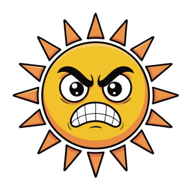 Beyaz arka planda izole edilmiş sarı ve turuncu renkli kızgın güneş çizgi film çizimleri, hava temalı tasarımlar için mükemmel.