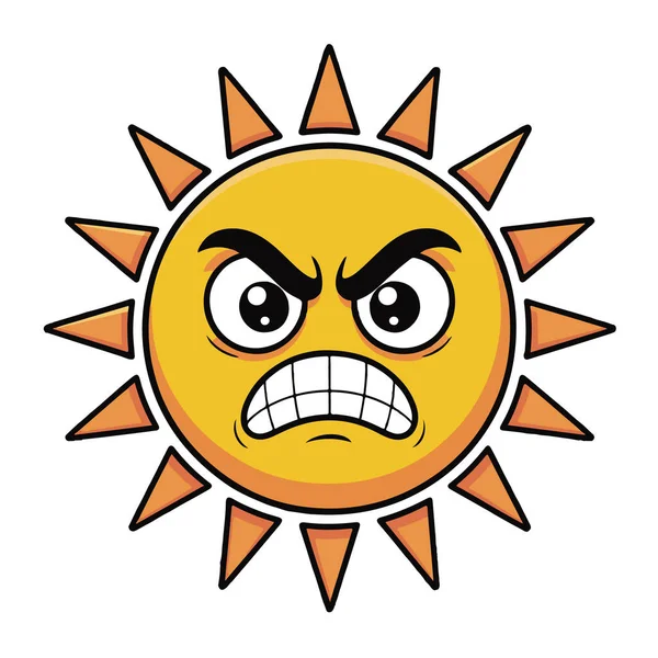 Beyaz arka planda izole edilmiş sarı ve turuncu renkli kızgın güneş çizgi film çizimleri, hava temalı tasarımlar için mükemmel.