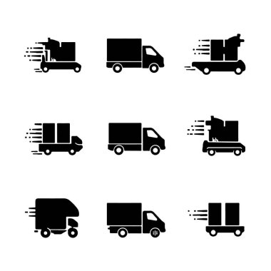 Teslimat kamyonu simgelerinin toplanması, lojistik ve ulaşım hizmetlerini sembolize ediyor
