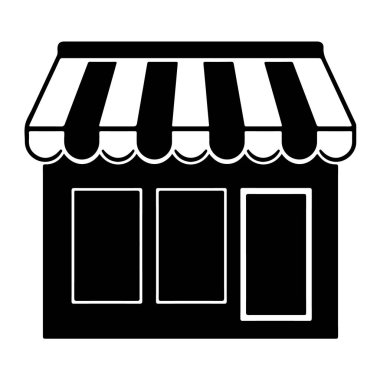 Çizgili tenteli ve üç pencereli bir dükkan tasviri, logo için mükemmel.