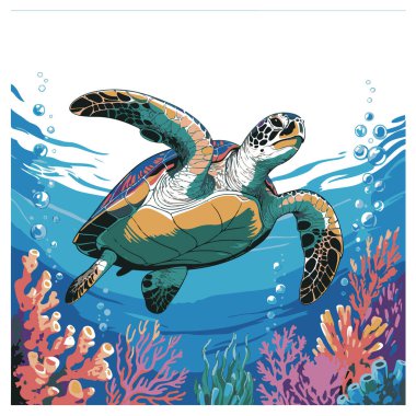 Okyanusta mercan ve kabarcıklarla yüzen bir deniz kaplumbağasının renkli bir temsili.