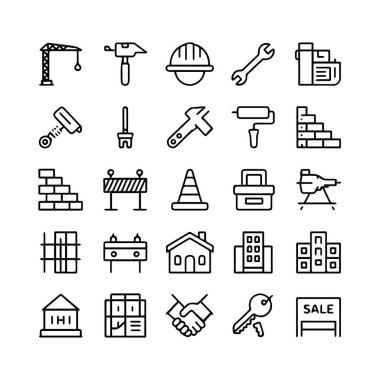 El çizimi yapı ve yapı ikonlarının toplanması beyaz arka planda izole edilmiş, inşaat endüstrisi teknolojisinin çeşitli araçlarını ve unsurlarını temsil eden