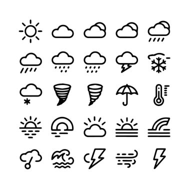 Beyaz zemin üzerinde izole hava ikonları seti, çeşitli meteorolojik fenomenler ve atmosferik koşullar betimleyen teknoloji arka planı