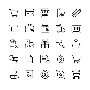 Ekommerce ve alışveriş elemanlarını temsil eden, beyaz arkaplan teknolojisi arka planında izole edilmiş basit siyah taslak simgeleri kümesi