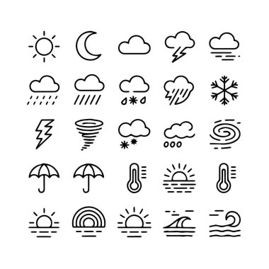 Beyaz arka plan teknolojisi arka planında izole edilmiş çeşitli hava koşullarını ve meteorolojik fenomenleri tasvir eden basit siyah taslak simgelerinin toplanması