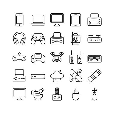 Modern teknoloji aletlerini ve elektronik cihazları temsil eden basit siyah taslak simgelerinin, beyaz arka plan teknolojisi arka planında izole edilmesi