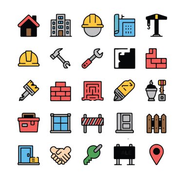 İnşaat ve yapı ikonları, ev, gökdelen, miğfer, aletler ve çit, beyaz arka plan teknolojisinde izole edilmiş