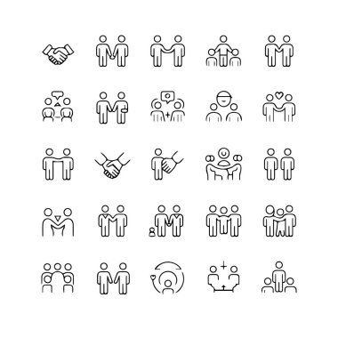 İş ilişkilerini, takım çalışmasını ve beyaz arkaplan teknolojisi arka planında izole edilmiş işbirliğini temsil eden bir dizi çizgi sanat simgesi