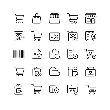 Beyaz arka planda, ekommerce ve perakende teknoloji arka planını temsil eden bir dizi siyah taslak alışveriş simgesi