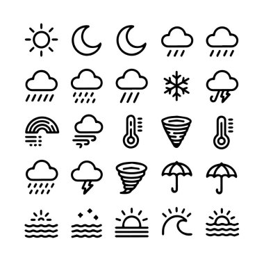 Beyaz arka plan teknolojisinde izole edilmiş güneş, ay, bulutlar, yağmur, kar, gökkuşağı, rüzgar, kasırga, şimşek ve şemsiye ikonlarının toplanması