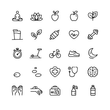 Beyaz arka plan teknolojisi arka planında izole edilmiş, sağlık, sağlık ve fitness faaliyetlerini temsil eden basit siyah taslak simgelerinin toplanması